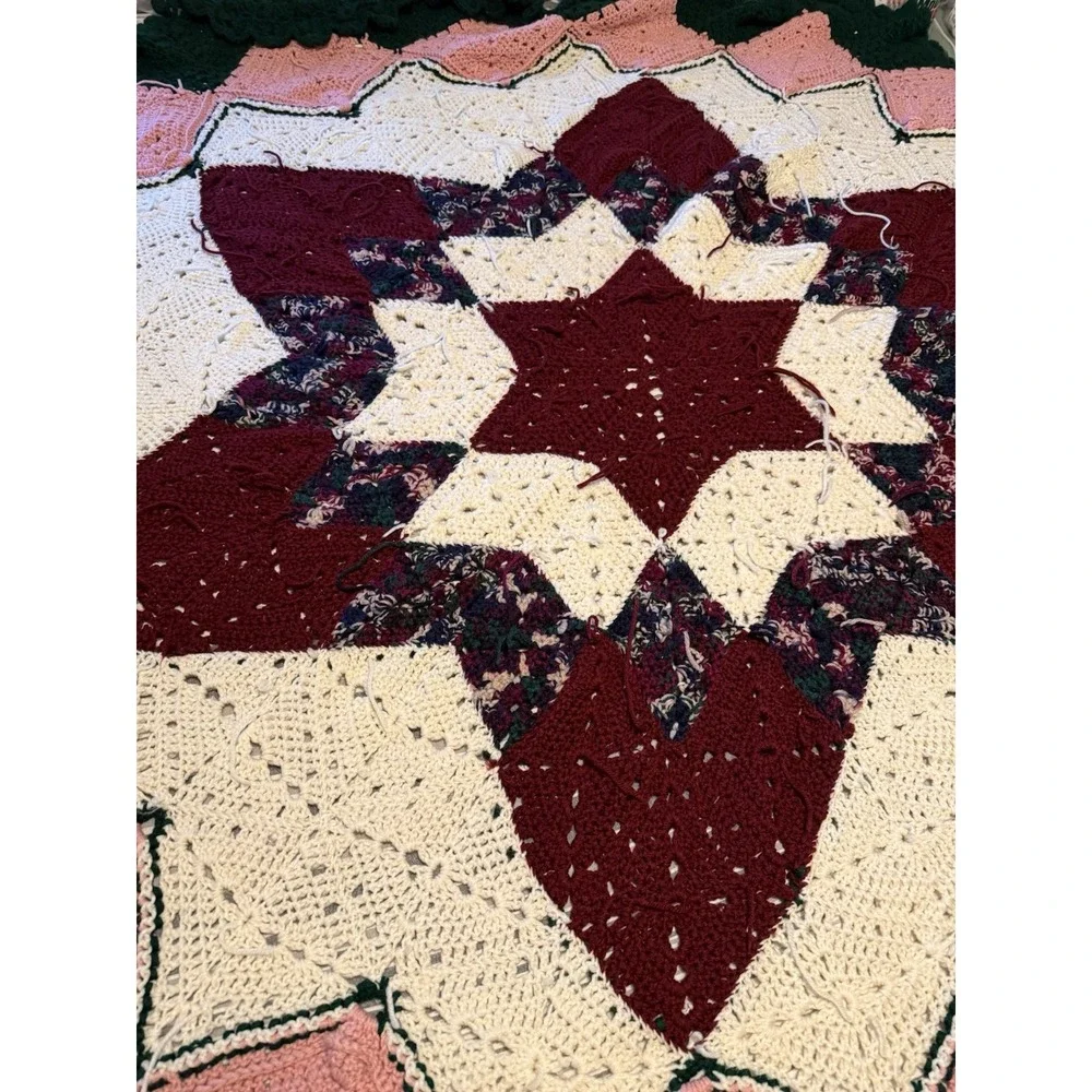 Vintage Large Crochet Prairie‎ Star Afghan Throw Multicolored 84